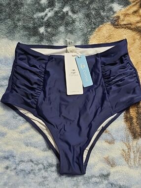 Cupshe Navy Ruched High-Waist Bikini Bottoms